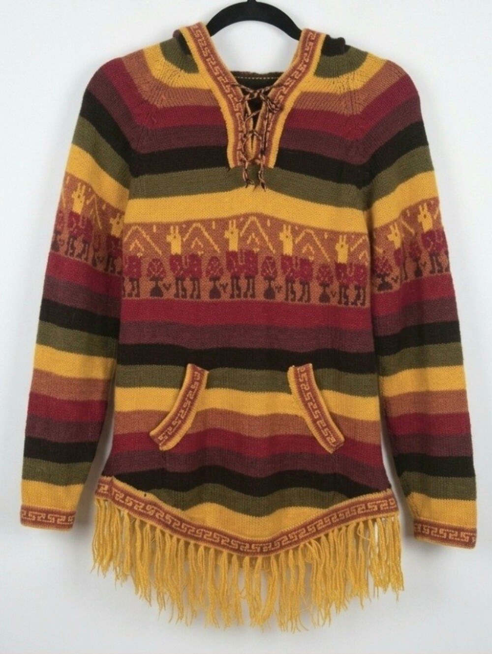 Boho Alpaca/Llama Knit Fringed Hoodie Tunic Sweater – Vintage